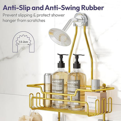 SWTYMIKI Bathroom Shower Caddy Hanging - 3 Tier Rustproof Over Shower Head Organizer, No Drilling Bathroom Shelf with 16 Hooks & Soap Holder, Anti-Swing Rack for Shampoo,Sponge,Towel, Gold