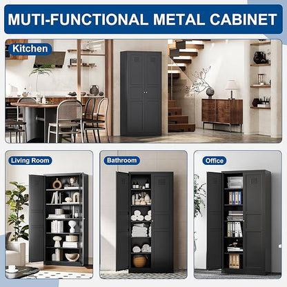 Metal Storage Cabinet-71” Tall Steel File Cabinets with Doors and 5 Adjustable Shelves-Black Steel Storage Cabinet for Home,Kitchen, School, Office, Garage