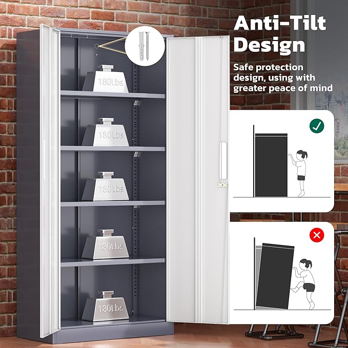 Greenvelly Metal Lockable Storage Cabinet, 72” Storage Cabinet with 2 Doors and 4 Adjustable Shelves for Office, Home, Garage, Pantry (Assembly Required, Grey White)