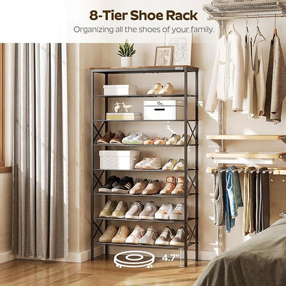 8 Tier Shoe Rack, Shoe Storage Organizer, Large Capacity Shoe Shelf Holds 32 Pairs of Shoes, Sturdy and Stable, for Entryway, Hallway, Closet, Dorm Room, Rustic Brown SS08BR
