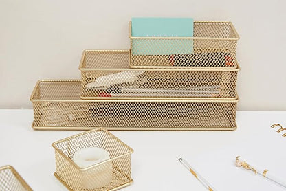 Annova Mesh Stackable Drawer Cabinet and Shelf Organizer Bins Storage Basket School Office Supply Holder Tray- Set of 2 (Gold, 3x12x2 Inch)