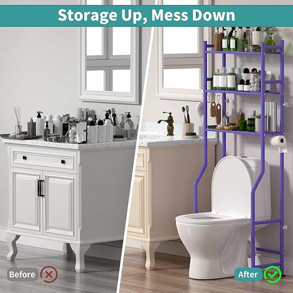 3-Tier Over The Toilet Storage with Paper Holder, Metal Bathroom Organizers and Storage for Small Space, Freestanding Bathroom Shelves with 4 Hooks, Above The Toilet Storage Shelf (Purple)