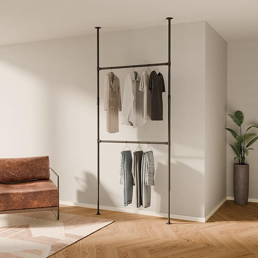 pamo Black Industrial Pipe Clothing Rack - LOFT I - Steplessly Adjustable Closet Organizer System for Ceiling Heights between 86" - 98"- Suitable as Closet Clothes Rack or Room Divider