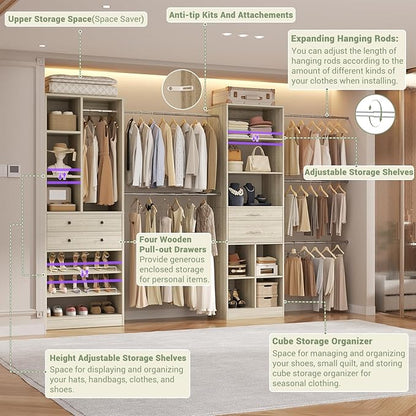 Closet System, Up to 128.6"/10.7 FT Closet Organizer with 4 Wooden Drawers and Shelves, Walk-in Closet System with 6 Hanging Rods, Built-in Closet Can Fit 96"/8FT, 120"/10FT, Greige Oak