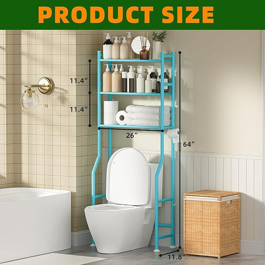 3-Tier Over The Toilet Storage, Space Saver Metal Bathroom Shelves, Freestanding Above Over Toilet Storage Shelf with 4 Hooks for Bathroom, Blue
