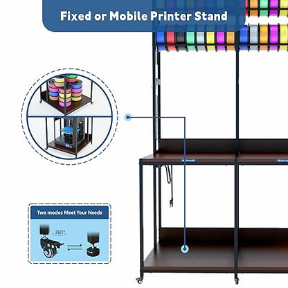 2025 Upgraded Dual 3D Printer Stand with Filament Storage Workstation, Extended Storage Mobile 3D Printer Table Workbench, AC/USB Power Hub for Studio Workshop