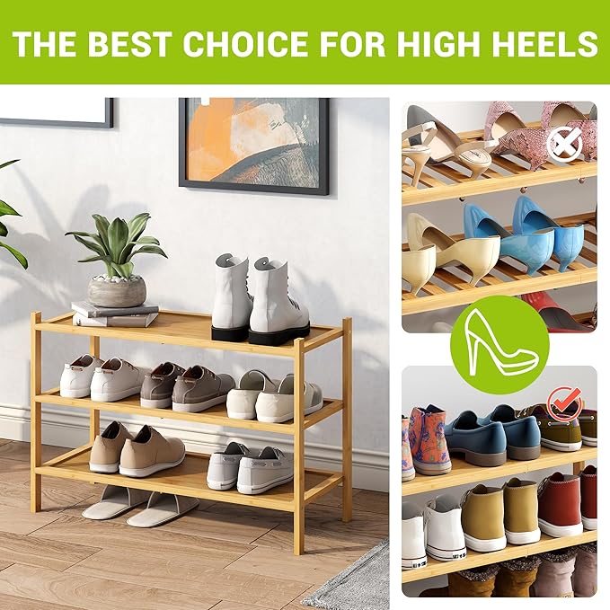 BMOSU 3-Tier Bamboo Shoe Rack Premium Stackable Shoe Shelf Storage Organizer for Hallway Closet Living Room Entryway Organizer(Natural)