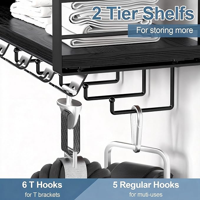 TJ.MOREE 2 Tier Floating Shelf Compatible with Tonal Accessories, T-Bracket Lock Adapters Hanger, Wall Mount Home Gym Storage Rack for Fitness Equipment（Black