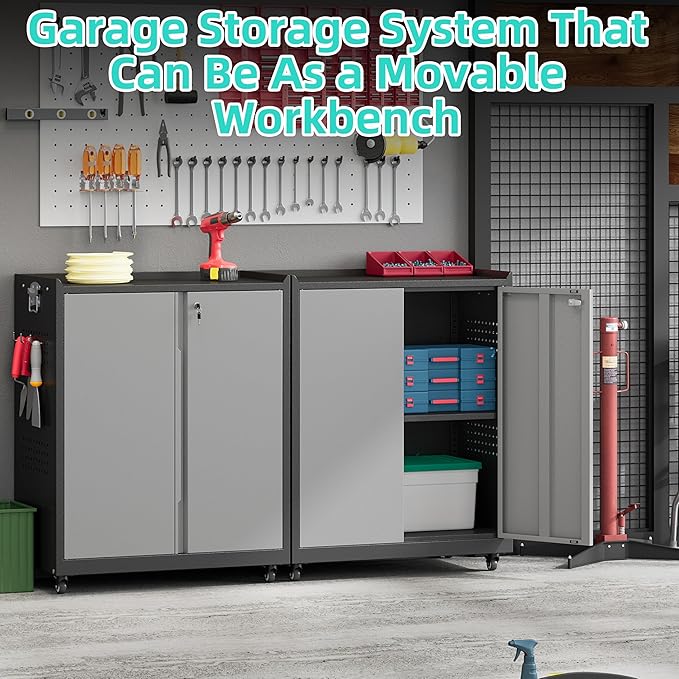 Metal Storage Cabinet with Wheels,34" Rolling Tool Cabinets with Lock&Adjustable Shelves,Locking Utility Cabinet with 1 Door for Garage, Warehouse (Black Grey)