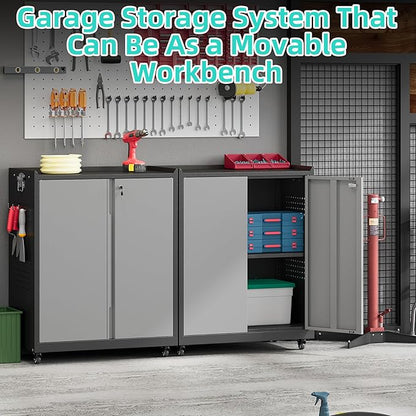 Metal Storage Cabinet with Wheels,34" Rolling Tool Cabinets with Lock&Adjustable Shelves,Locking Utility Cabinet with 1 Door for Garage, Warehouse (Black Grey)