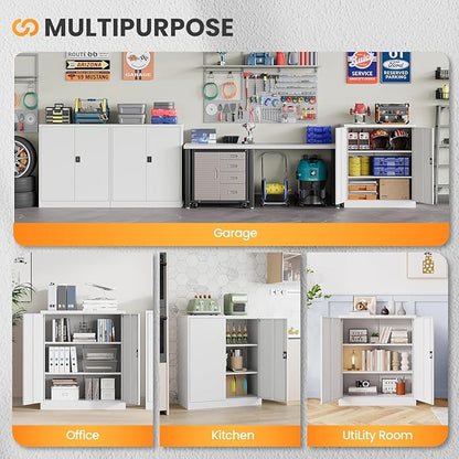 Metal Garage Storage Cabinets with Lock, 36" Tall Tool Cabinet with 2 Door and 2 Adjustable Shelves, Locking Garage Cabinets and Lockable Steel Locker for Home Office Warehouse - (White-36”H)