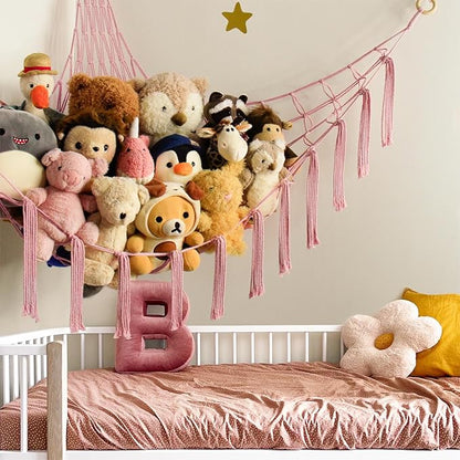 Stuffed Animal Storage Hammock Net - Toy Hammock Net for Stuffed Animals Corner - Hanging Stuff Animal Organizer Holder Large Pink Baby Nursery Room Decor