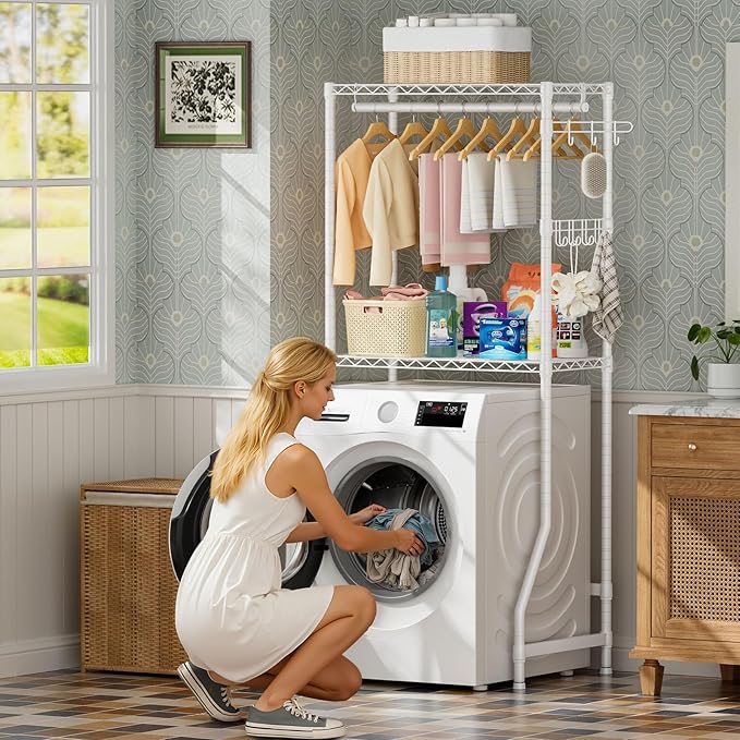 Over Washer and Dryer Shelves,2 Tier Adjustable Height Wire Shelving Laundry Room Storage Organization Clothes Drying Rack with Hanger Rod&Hooks,Space Saving Organizers Shelf,White