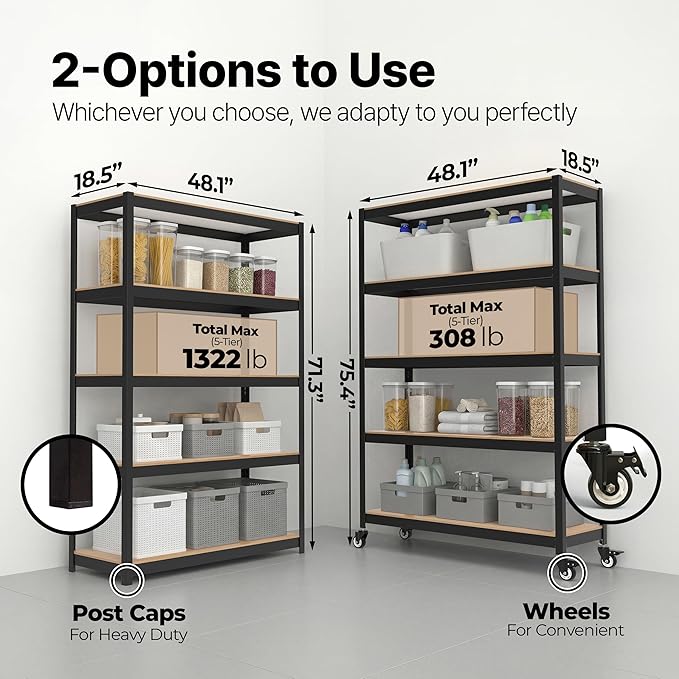 HOMEDANT House 5 Tier Heavy Duty Garage Shelving Adjustable Metal Rack Storage Shelves Standing Shelf Unit Organizers Pantry Closet Office (2, Black, (Wheels) 48.1" W x 18.5" D)