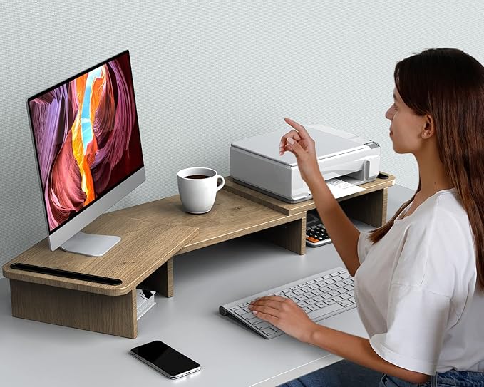 Zimilar Dual Monitor Stand Riser, Monitor Stand with Adjustable Length and Angle, Wood Monitor Stand for Desk, Monitor Riser for 2 Monitors with Storage Space