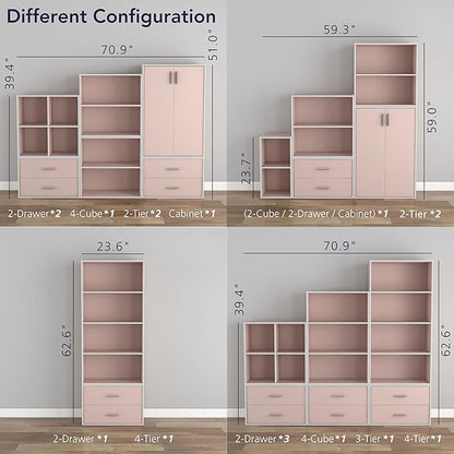 Homes: Inside + Out Apexa 4-Tier Cube Storage Organizer Shelves, Stackable Wood Bookcase Fits Cubby Bins for Organization, Dorm Teen Room Decor & Home Office, Light Pink