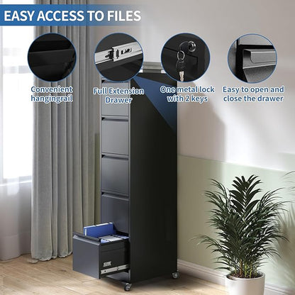 5 Drawer Mobile File Cabinet, Metal Filing Cabinet with Lock and Wheels, Home Office Rolling File Cabinets for Legal/Letter Hanging File Folders, Un-Assembled (Black)