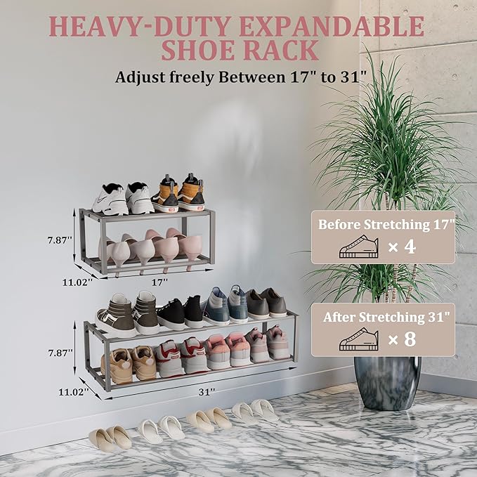2 Pack Expandable Wall Mounted Shoe Rack, 17"-31" Adjustable Hanging Shoe Rack Holds 16 Pairs, Heavy Duty Metal Shoe Holder with 4 Storage Hooks, Space Saving for Entryway Closet Doorway（Grey）