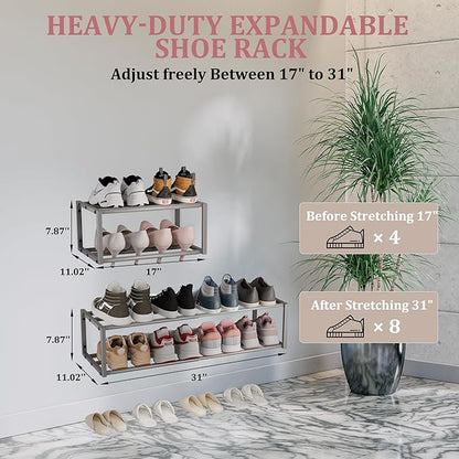 Expandable Wall Mounted Shoe Rack, 17"-31" Adjustable Hanging Shoe Rack Holds 8 Pairs, Heavy Duty Metal Shoe Holder with 2 Storage Hooks, Space Saving for Entryway Closet Doorway（Grey）
