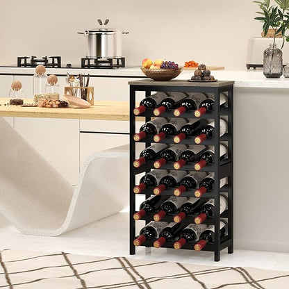 6 Tier Bamboo Wine Rack Freestanding Floor, 24 Bottles Wine Storage Shelves with Table Top, Stackable Wine Display Rack for Kitchen, Bar, Dining Room, Ivory White and Black