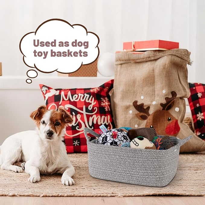 Basket for Gifts Empty, Woven Storage Basket with Gift Bag, Ribbon and Wrap Tissue Paper, Small Rope Toy Storage with Handles for Baby Shower, Dog Toy Organizer, 13.6" x 10" x 5.9”, Gray