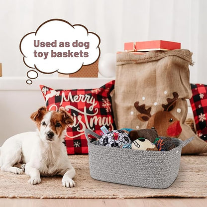 Basket for Gifts Empty, Woven Storage Basket with Gift Bag, Ribbon and Wrap Tissue Paper, Small Rope Toy Storage with Handles for Baby Shower, Dog Toy Organizer, 13.6" x 10" x 5.9”, Gray