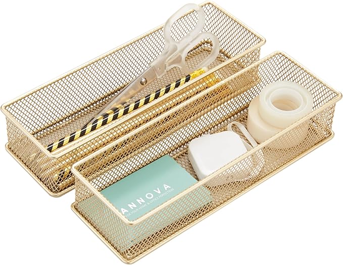 Annova Mesh Stackable Drawer Cabinet and Shelf Organizer Bins Storage Basket School Office Supply Holder Tray- Set of 2 (Gold, 3x9x2 Inch)