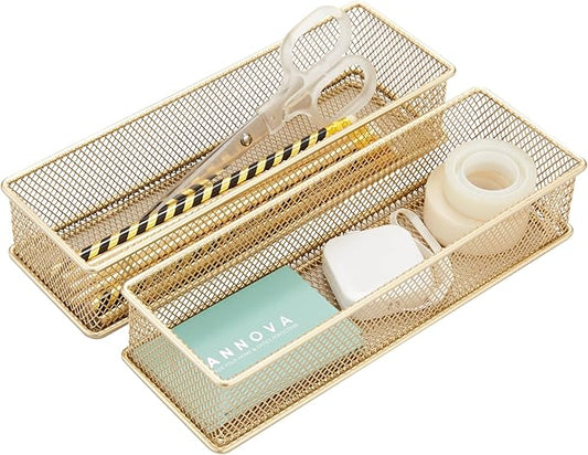 Annova Mesh Stackable Drawer Cabinet and Shelf Organizer Bins Storage Basket School Office Supply Holder Tray- Set of 2 (Gold, 3x9x2 Inch)