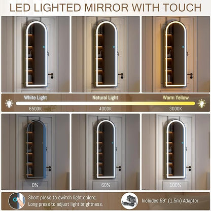 LVSOMT Wall Mounted Jewelry Organizer Lockable, Door Hanging Arched Mirror with Lights and Jewelry Storage, 6 LEDs Jewelry Cabinet (Laurel Green)