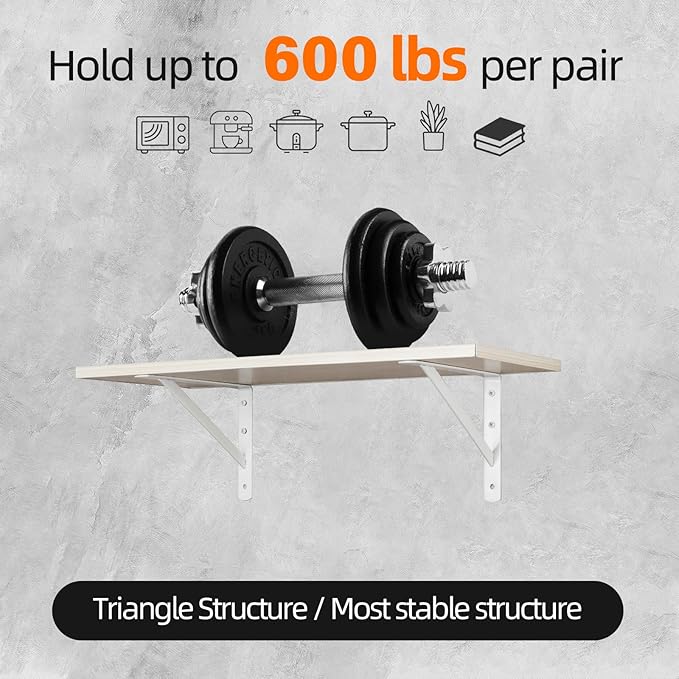 12 x 8 inch Heavy Duty Shelf Brackets, Load Capacity: 600 lb, 2-Pack White Metal L Supports for Wall Mounted Wood Shelving, Shelves Bracket with Screws, HOME MASTER HARDWARE