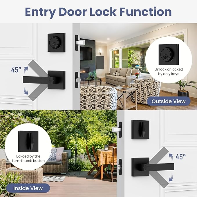 Estmoon Front Door Lock Set Exterior Door Handle, Keyed Alike Matte Black Door Locks for Front Door Heavy Duty Black Door Handle and Single Cylinder Deadbolt Lock, Garage Door Lock for Entrance,2 Pack
