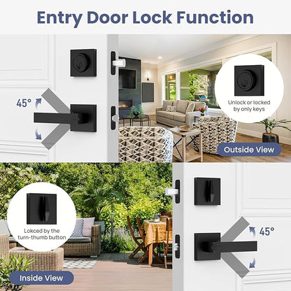 Estmoon Front Door Lock Set Exterior Door Handle, Keyed Alike Matte Black Door Locks for Front Door Heavy Duty Black Door Handle and Single Cylinder Deadbolt Lock, Garage Door Lock for Entrance,2 Pack