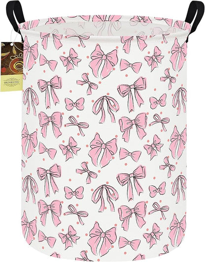 HUNRUNG Laundry Hamper,Large Canvas Fabric Lightweight Storage Basket Toy Organizer Dirty Clothes Collapsible Waterproof for College Dorms（Round-Pink Bow）