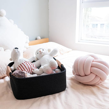 CHICVITA Cotton Rope Woven Easter Basket with Handles for Books, Magazines, Toys - Decorative Rectangle Basket for Baby Nursery, Living Room, Bathroom, Black