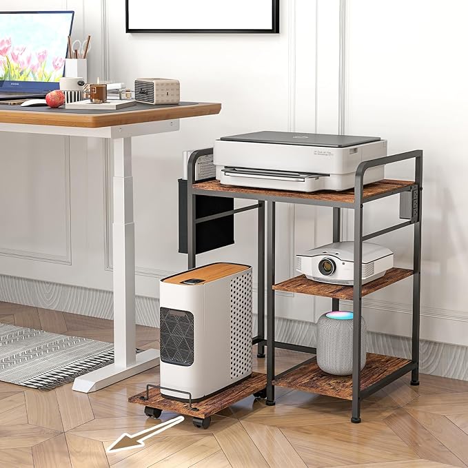Home Printer Stand with Charging Station, 24x18 Inches Stands for Large Printer, Printer Shredder Stand with Storage for Home Office, Table for Fax Machine/PC Tower (Rustic Brown)