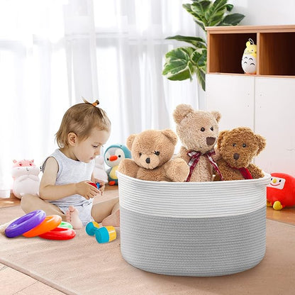 XXXL Large Cotton Rope Storage Bin, 22" X 14" Basket for Blankets Living Room, Woven Baby Kids Toy Storage Bin Box, Giant Throw Pillow Organizer Holder, Large Wicker Basket for Shoes, Gray