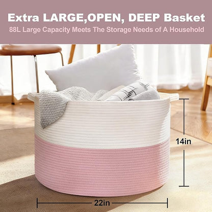 Pink Storage Baskets for Organizing, 22"X22"X14" XXXL Blanket Basket Living Room, Large Toy Basket, Soft Pink Cotton Rope Woven Baskets for Storage, Decorative Gifts Basket Bins for Nursery
