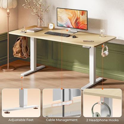 Huuger 63 x 28 Large Electric Standing Desk, Height Adjustable Computer Desk, 27.6" Deep Desktop, Stand up Gaming Office Table with 2 Hooks, 3 Preset Heights, for Home Office, Maple
