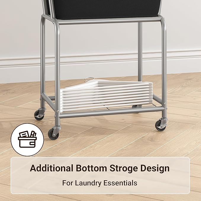 ELYKEN Rolling Laundry Hamper with Wheels, Laundry Cart with Removable Bag, Heavy Duty Metal Frame, 2-Tier Clothes Basket Hamper with Shelf for Closet, Bedroom, Bathroom, Laundry Room, Black