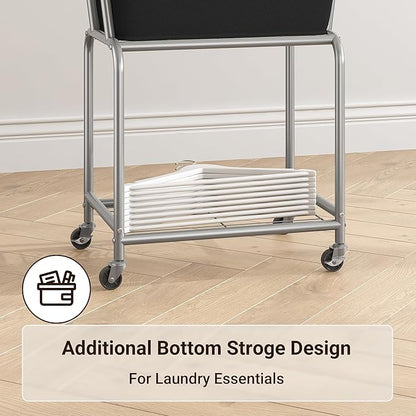 ELYKEN Rolling Laundry Hamper with Wheels, Laundry Cart with Removable Bag, Heavy Duty Metal Frame, 2-Tier Clothes Basket Hamper with Shelf for Closet, Bedroom, Bathroom, Laundry Room, Black