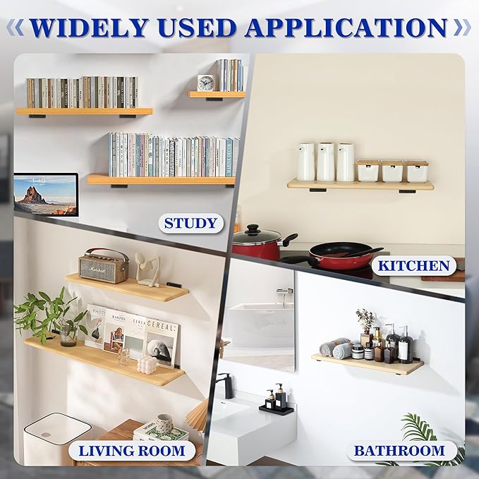 Alise Floating Shelf Brackets Black, 4 Pcs L Brackets for Shelves, 6'' Hidden Invisible Shelf Brackets,1/5" Inch Thick Heavy Duty Metal Wall Shelf Support Corner Brackets for Home and Mounting Shelf