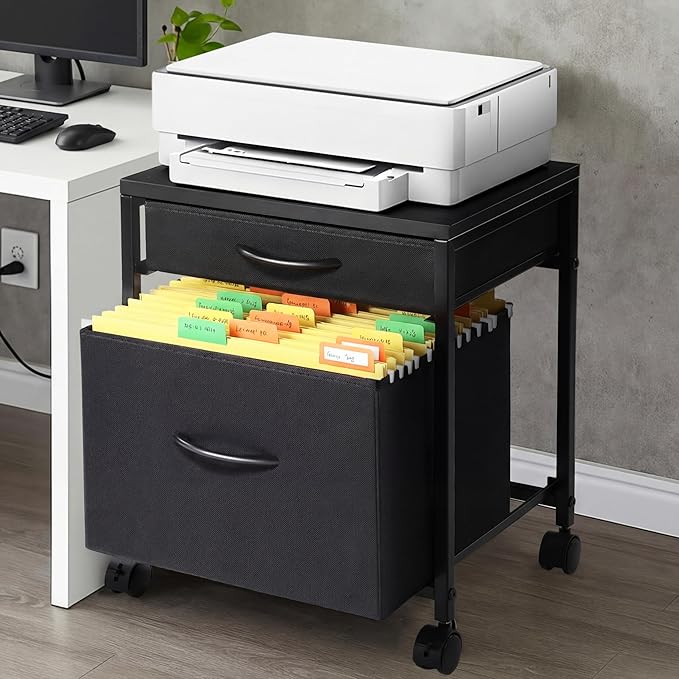 Rolling Mobile File Cabinet Cart with 2 Fabric Drawers A4 Letter Size Beside, Vertical Filing Cabinet on Lockable Wheels, Mobile Printer Stand Storage Under Desk for Home Office(Black)