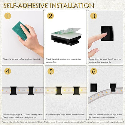 GooChan Strip Light Mounting Clips Self-Adhesive Tape Brackets Holder,100-Pack Clamps Fix Light Strip 8mm 10mm 12mm (for 10mm (3/8") Black Wide Strip Lights)