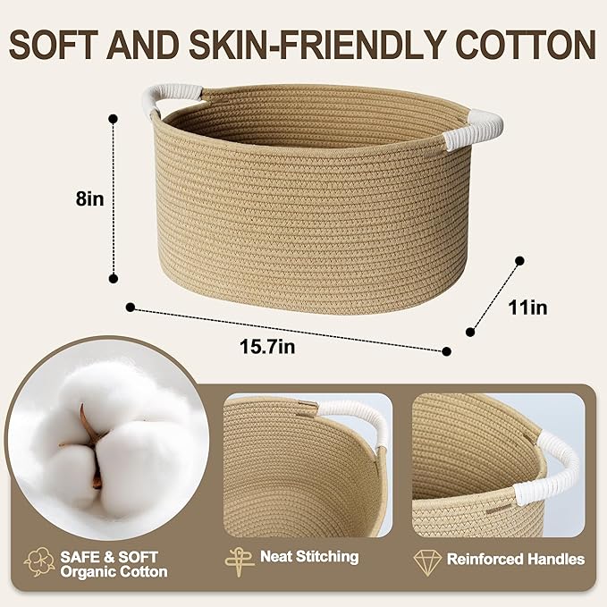 Woven Dog Toy Basket, 15.7"x11"x8" Cotton Rope Dog Toy Bin Box for Living Room, Decorative Cats Pet Supplies Puppy Bin with Handles, Soft Cat Toy Basket Organizer, Wicker Storage Holder, Jute