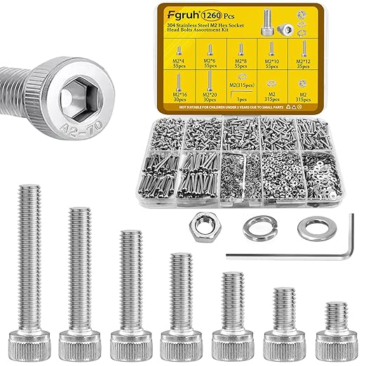 1260pcs M2 Screw Assortment kit, M2*4mm/6mm/8mm/10mm/12mm/16mm/20mm 304 Stainless Steel Hex Socket Head Cap Screw Bolts Nuts Flat & Lock Washer Set