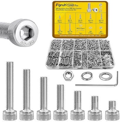 1260pcs M2 Screw Assortment kit, M2*4mm/6mm/8mm/10mm/12mm/16mm/20mm 304 Stainless Steel Hex Socket Head Cap Screw Bolts Nuts Flat & Lock Washer Set