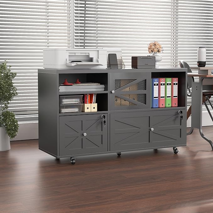 Semoic 2 Drawer Mobile File Cabinet with Lock, Farmhouse Lateral Filing Cabinet for Home Office, Fits Letter Legal A4 Size, Open Storage Adjustable Shelf, Black