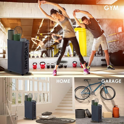 Caroeas Yoga Mat Storage Rack, Yoga Mat Holder Accessories, Home Gym Equipment Storage Yoga Mats, Women Men Workout Equipment Organization with Wheels