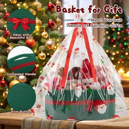OIAHOMY Large Woven Storage Basket with Handles for Nursery Living Room Shelves, Bow Basket for Gifts Empty with Gift Bags and Ribbons for Baby Showers Pet Toy Bin - Christmas Green