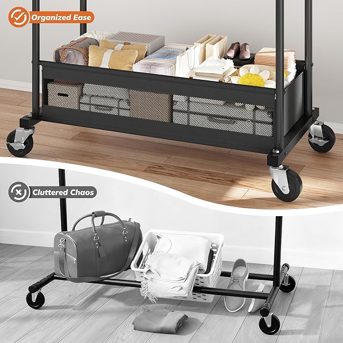 Clothes Rack, Double rods clothing rack, Clothing Racks for hanging clothes, Rolling clothes rack with Storage Basket & Heavy Duty Wheels, garment rack for Bedroom, Laundry Room, Black
